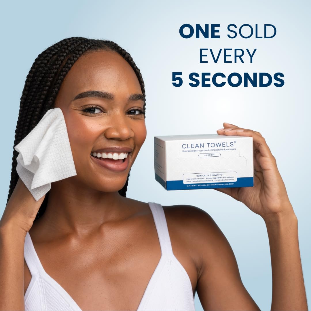 Clean Skin Club Clean Towels®, 100% USDA Biobased Face Towel, Disposable Face Towelette, Eczema Association Accepted, Makeup Remover Dry Wipes, Ultra Soft, 25 ct per pack, 4 Packs, 100 Ct Total