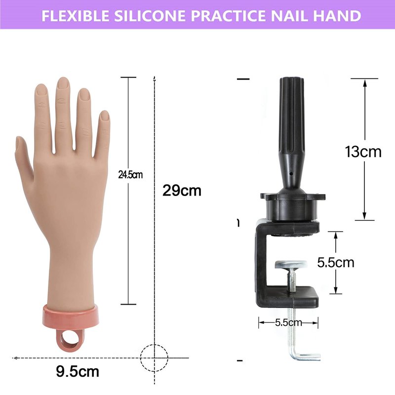 Practice Hand Kit for Acrylic Nails Fake Hand for Fake Nails Practice Hand and C- Clamp Holder Nail Mannequin Hand for Acrylic Kit Hand Practicing for Acrylic Nails (Dark Hand)