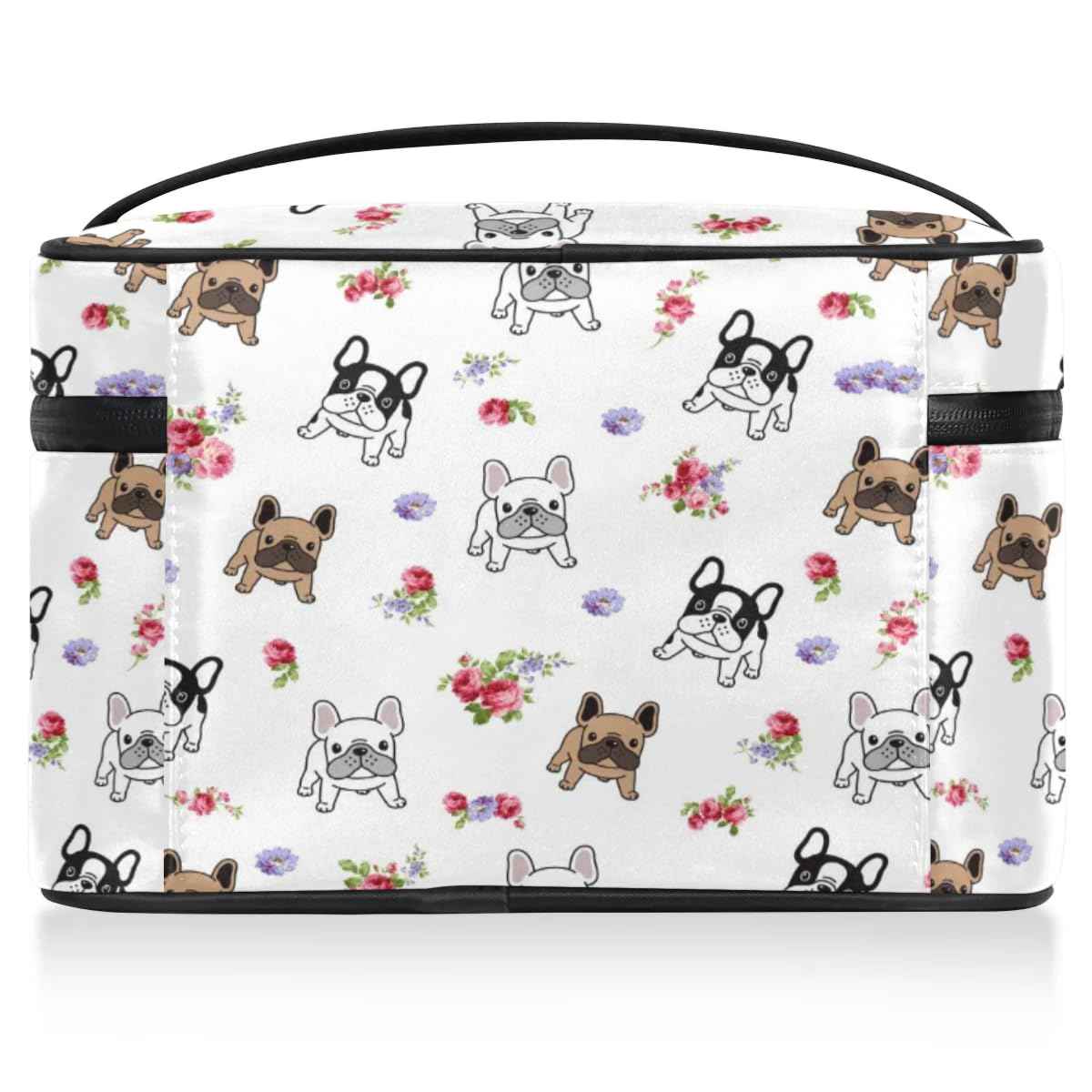 Funky Qiu Makeup Bag,French Bulldog Flower Cosmetic Bags for Woman Girls,Portable Large Capacity Travel Makeup Case Organizer Cosmetic Case Travel Essential