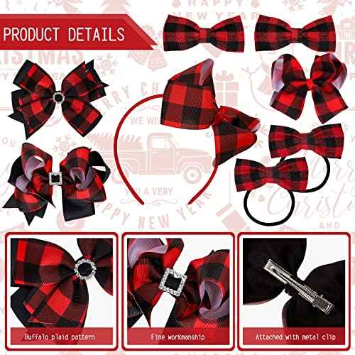 Whaline 9Pcs Christmas Buffalo Plaid Hair Bow Accessories Include Red Black Checkered Ribbon Hair Clips, Headband and Hair Scrunchies Christmas Barrette Ties for Girl Woman Teen Xmas Party Hair Gifts