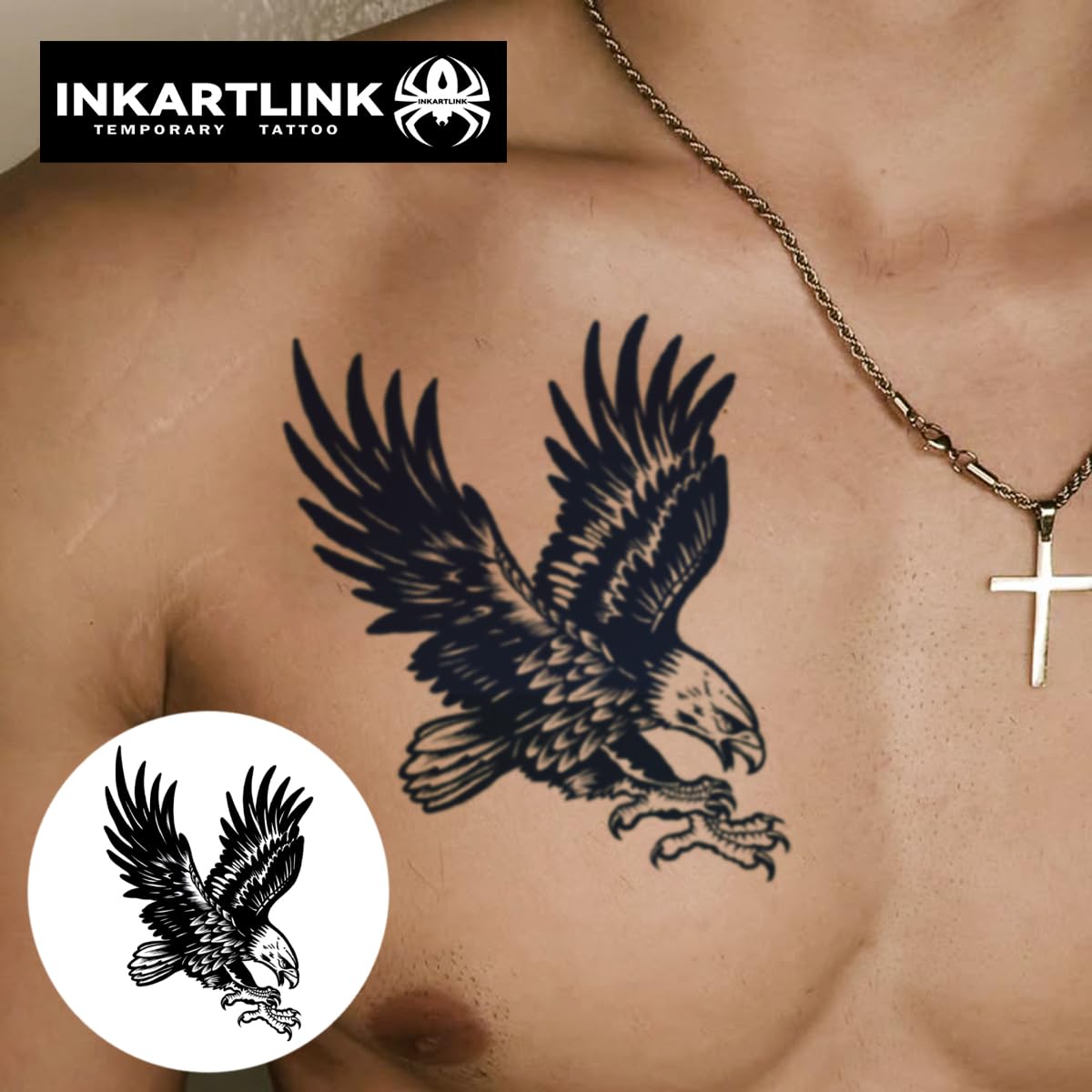 INKARTLINK Tattoo Tech,2 Sheets Extra-Large Semi Permanent Tattoo,Adult Art Design Temporary Tattoos, Lasts 1-2 Weeks, Waterproof, Realistic Look, No Adhesive, No Reflection (Eagle Design)