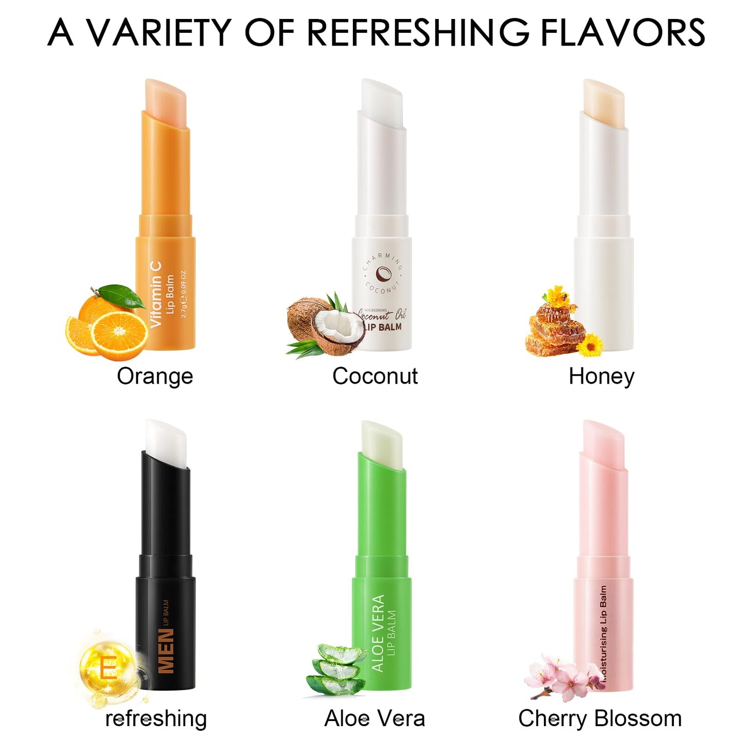AFGHOUZ Lip Balm Lightweight All Day Hydrating Lip Care Products, Aloe Vera, Coconut,Orange, Honey, Cherry Blossoms, 2 Tubes