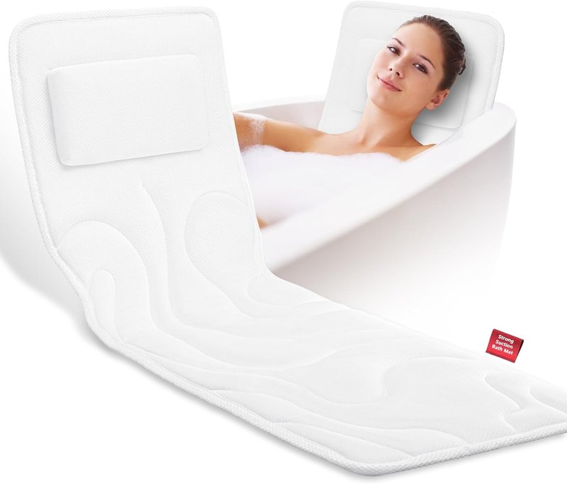 Full Body Bath Pillow - Extra Thick 4D Air Mesh Spa Pillow for Head, Neck & Back Support | Non-Slip Suction Cups, Fits All Tubs - White