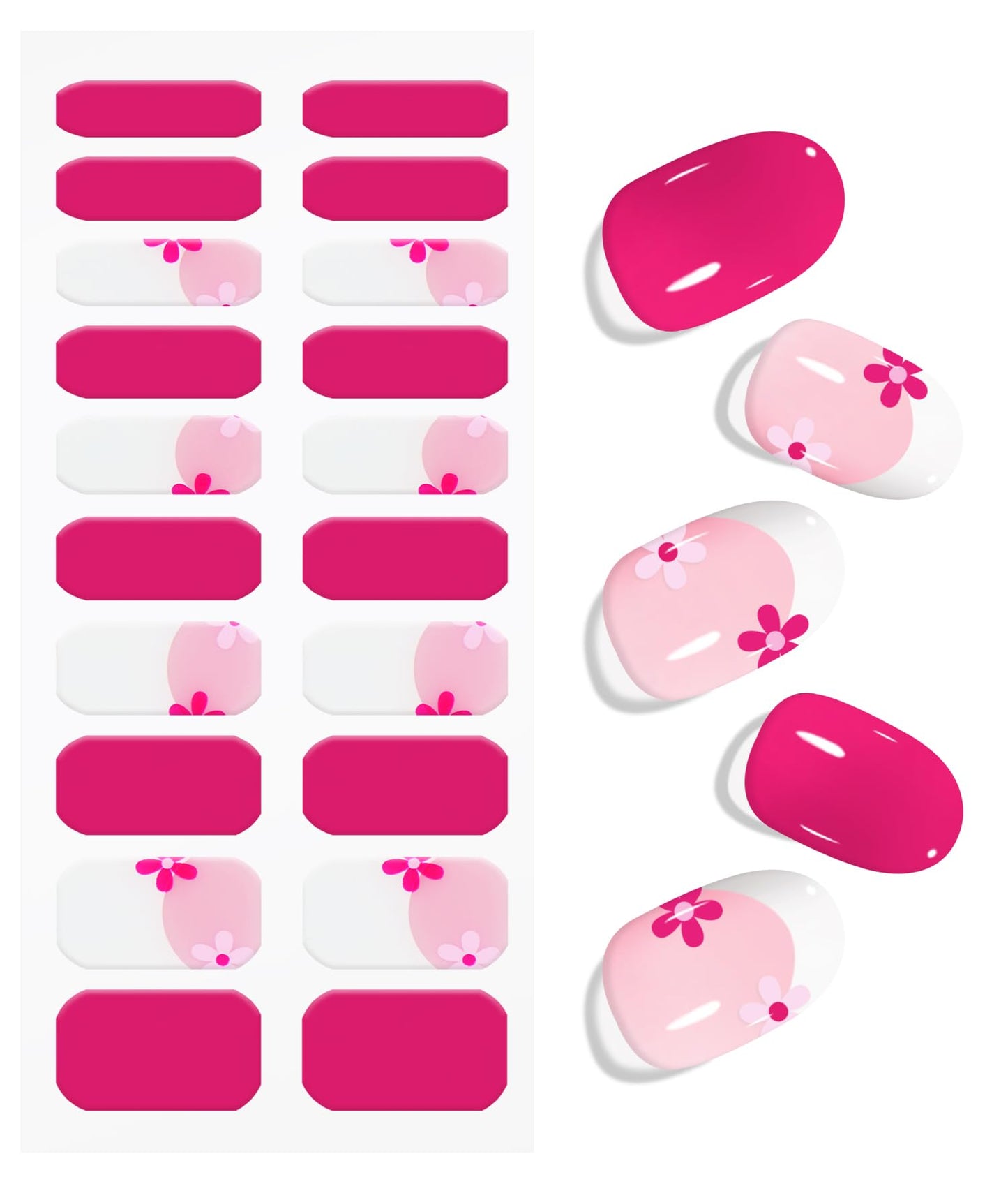 JMEOWIO Gel Nail Stickers Pink Flower French Tip Semi Cured Gel Nail Strips Wraps UV/LED Nails Art Design Decoration Accessories