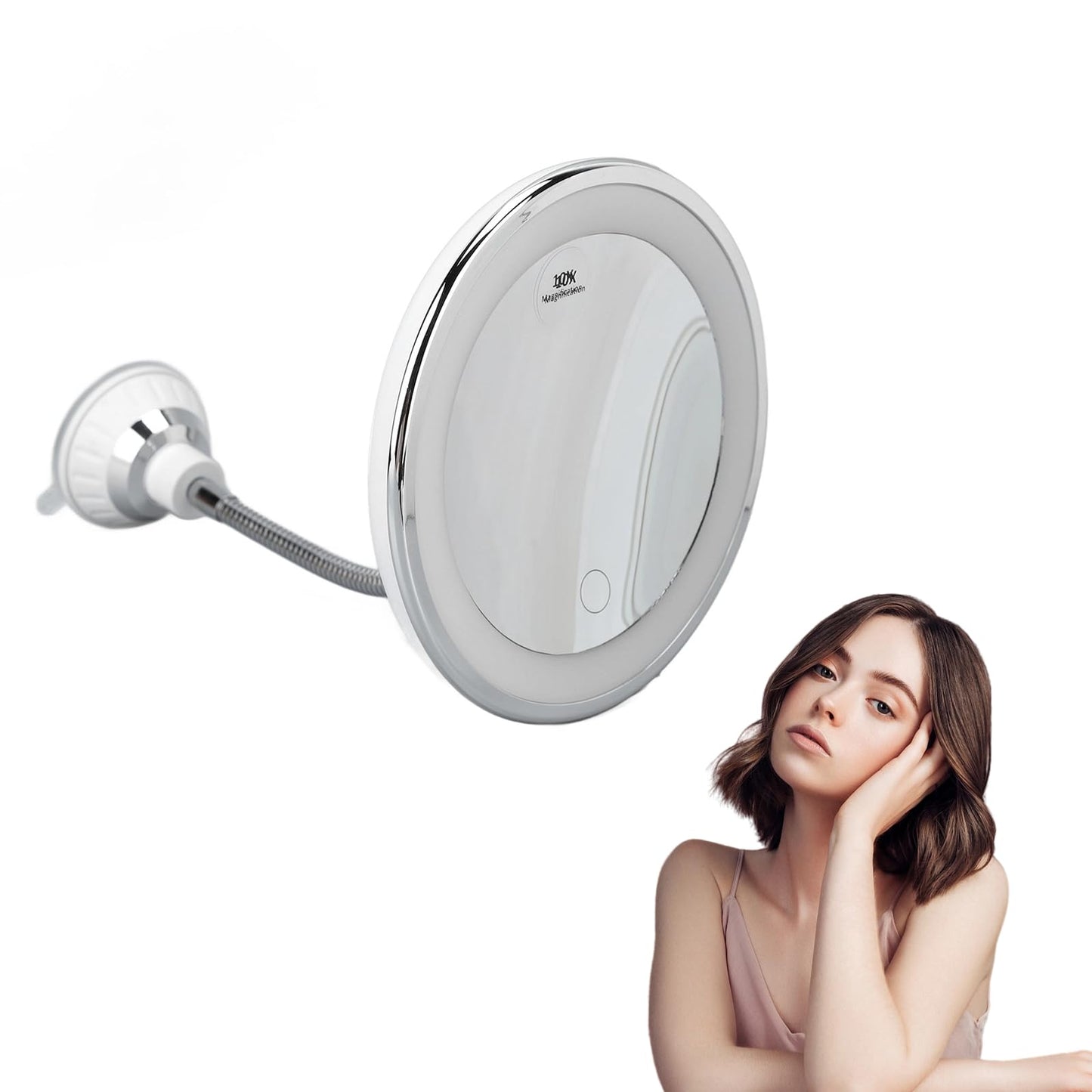 Zetiling 10x Magnification LED Makeup Mirror, Wall Mount, Round, 17.3"L x 6.9"W, Black Frame, Modern Style, Adjustable Brightness, Three Light Colors, Suction Cup Design