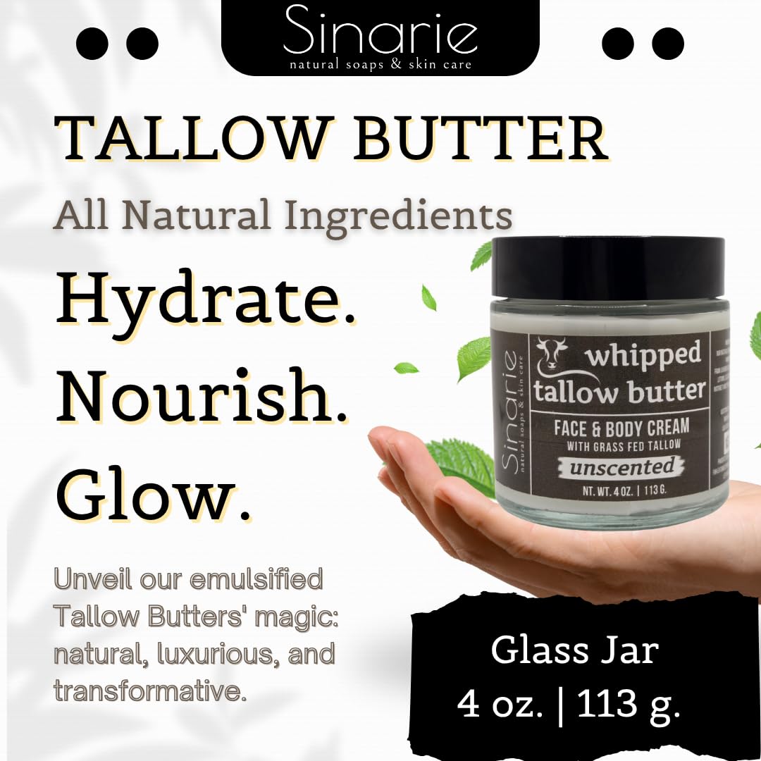 Sinarie Grass-Fed Beef Tallow Body Butter - Emulsified, Non-Greasy Moisturizer, 4 oz Soaps & Skin Care (4 oz., Unscented)