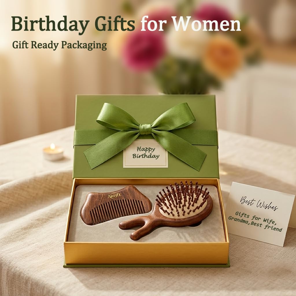 Mother’s Day Gift for Mom – Wooden Scalp Massager Brush & Comb Set, in Premium Gift-Ready Box – Natural Wood Head Massage Tool for Stress Relief, Relaxation & Self Care Gift for Women