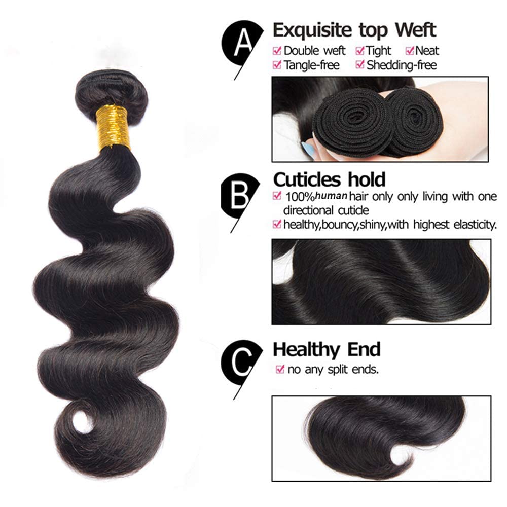 DreamPack Bundles with Closure Human Hair 12 12 12+10 Body Wave Bundles Human Hair with 4x4 Lace Closure 100% Unprocessed Virgin Hair Extensions Natural Color