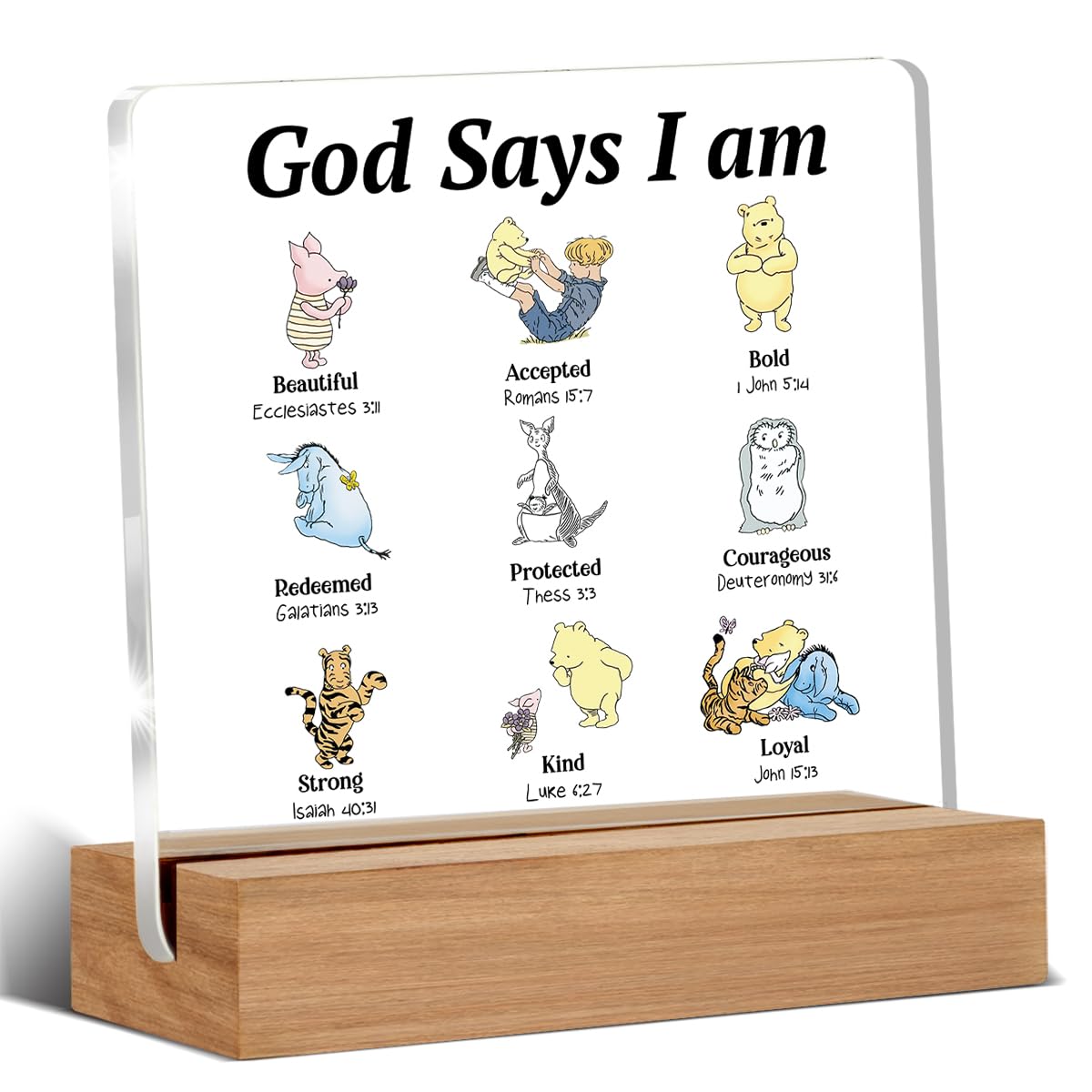 Pooh Bear Gifts for Women Christian Gifts Inspirational Gift God Says Pooh Clear Desk Decorative Sign Acrylic Sign With Wooden Stand for Office Desk Table Shelf