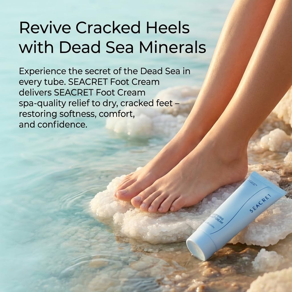 SEACRET Dead Sea Foot Cream - Deep Moisture Heel Repair with Tea Tree Oil, Shea & Cocoa Butter, Rapid Absorption Formula for Dry, Cracked Skin, Hypoallergenic, Paraben-Free & Vegan, 3.4 Fl Oz / 100 ml