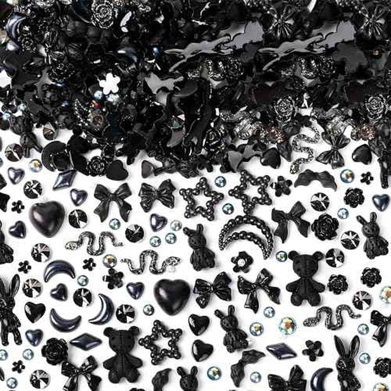 110 Pieces 3D Nail Charms for Acrylic Nails, Camellia Rose Flower Butterfly Bowknot Heart Bear Rabbit Star Charms for Nail Art Designs DIY Accessories Craft(Black+2)
