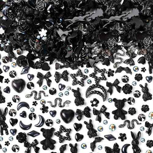 110 Pieces 3D Nail Charms for Acrylic Nails, Camellia Rose Flower Butterfly Bowknot Heart Bear Rabbit Star Charms for Nail Art Designs DIY Accessories Craft(Black+2)