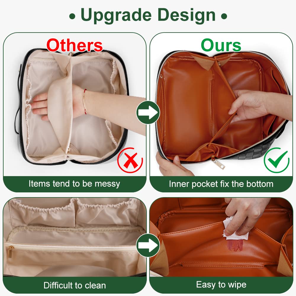 Cessfle Large Capacity Travel Cosmetic Bag Plaid Checkered Makeup Bag Portable Leather Waterproof Skincare Bag with Handle and Divider for Women 01-Green