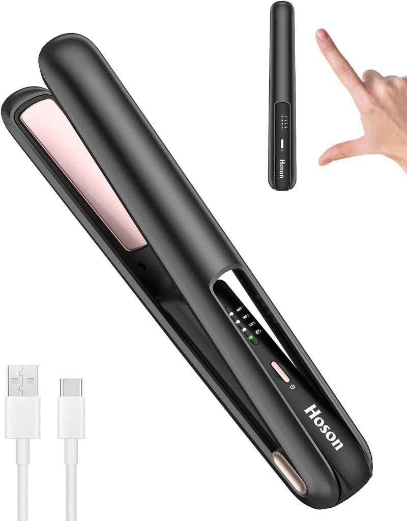 Cordless Hair Straightener,Portable Mini Flat Iron Travel for Bangs,Short Hair, Rechargeable Curling Iron and Curler 2 in 1,Black,for Touch Ups