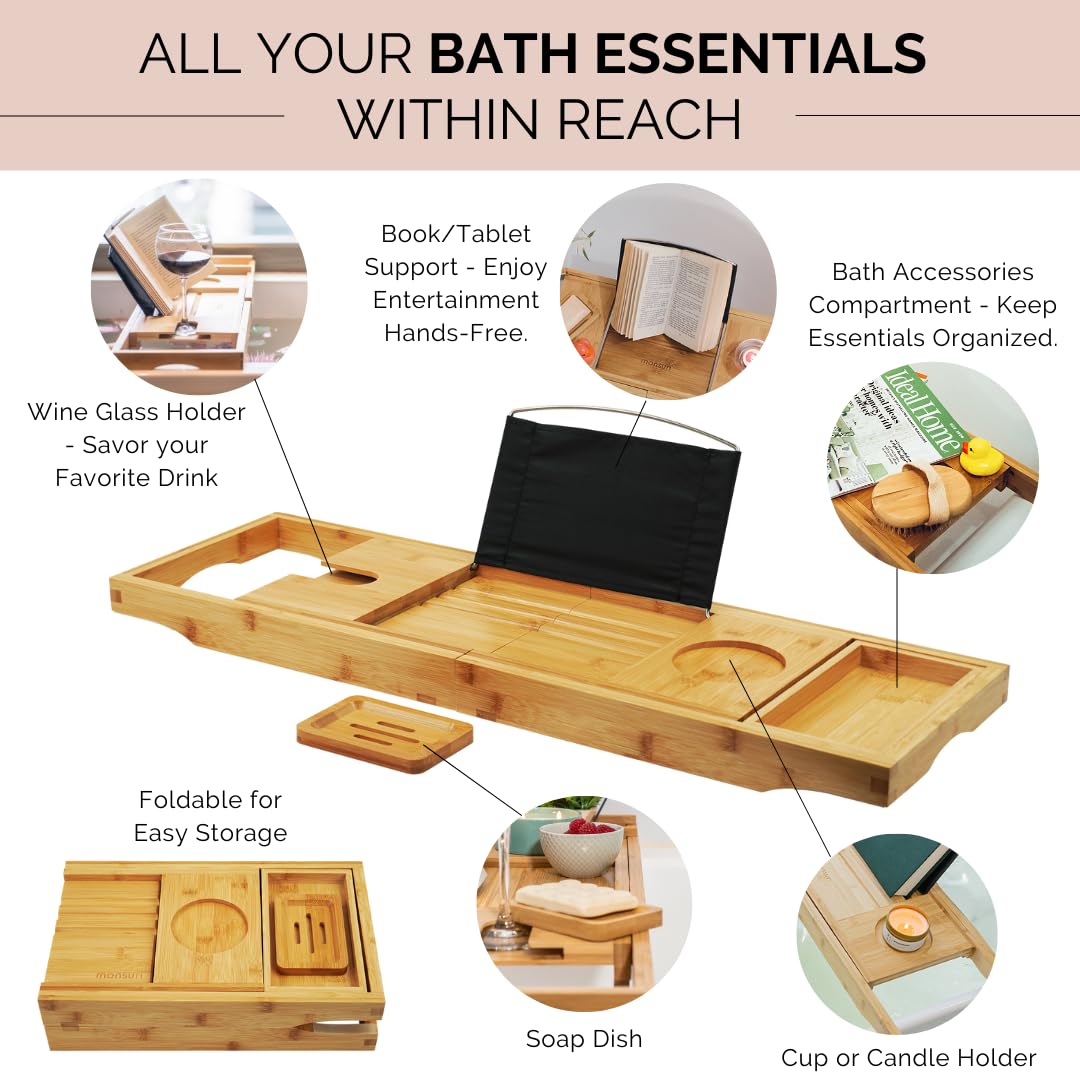 Foldable Bamboo Bathtub Tray Caddy - Expandable Bath Tray for Tub | Secure, Non-Slip Bathtub Caddy Tray for Tub for Bath Accessories, Bath Stuff – Perfect Relaxing Gifts for Women and Spa Gift Set