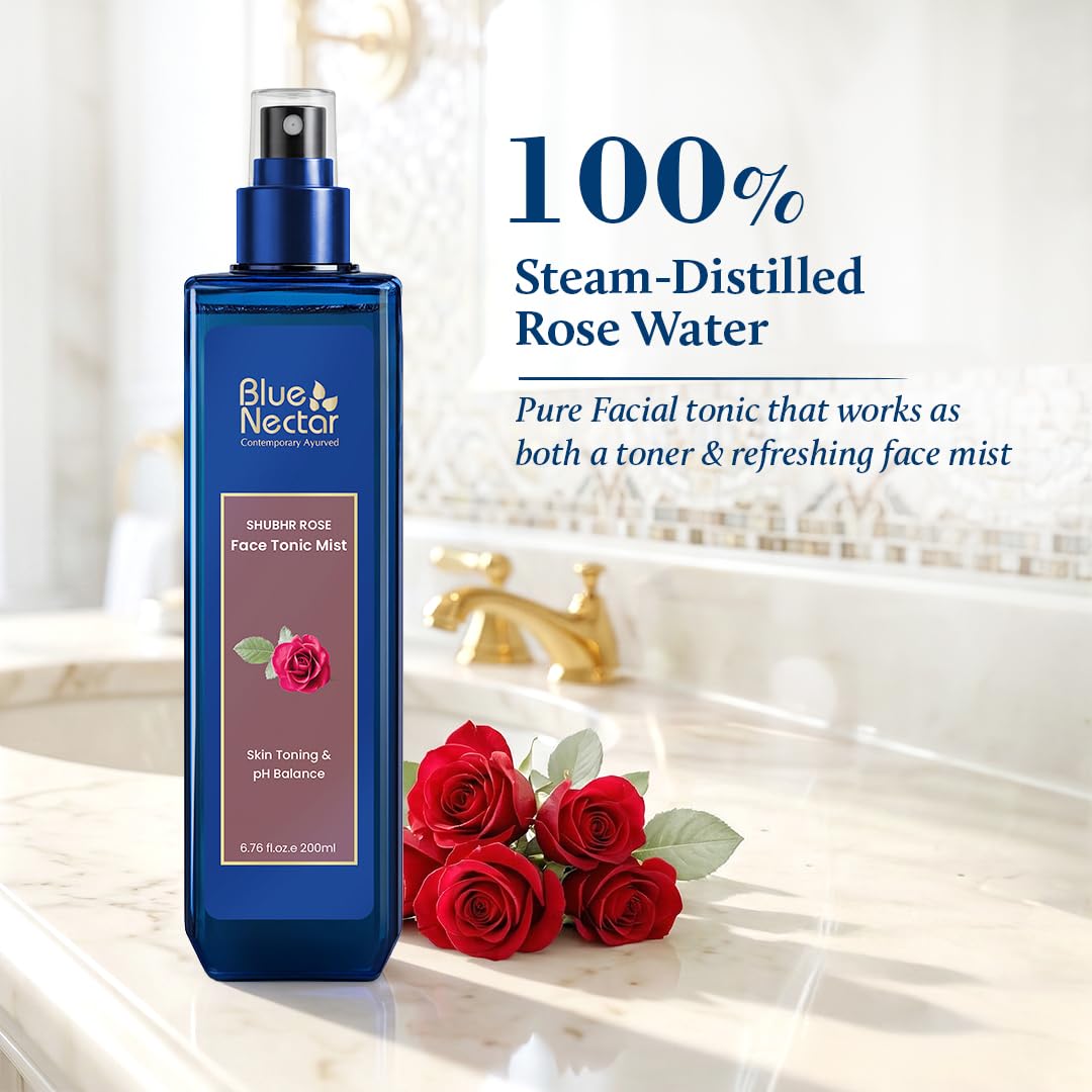 Blue Nectar Shubhr Steam Rose Toner Water & Face Mist (3.4 fl Oz) and Vitamin C Face Serum with Natural Hyaluronic Acid Serum (1 Fl Oz)
