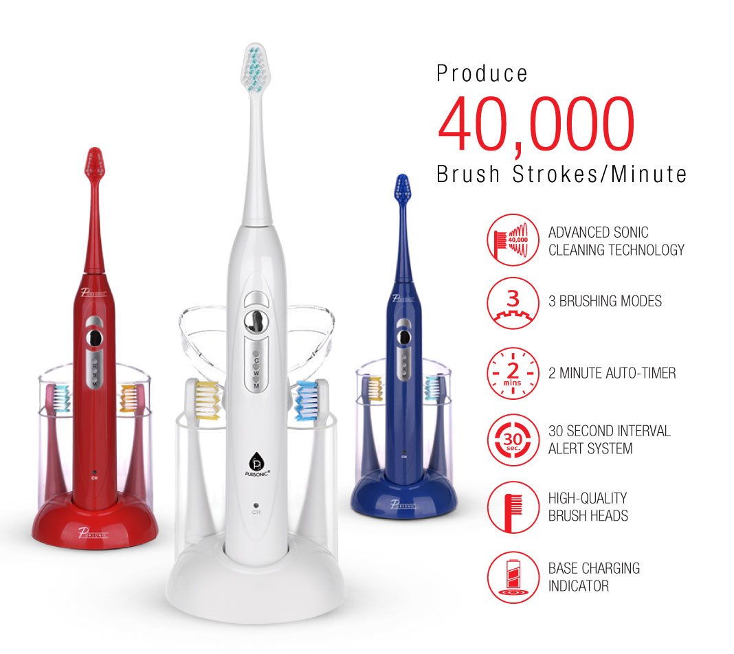 Pursonic S430 SmartSeries Electronic Power Rechargeable Sonic Toothbrush with 40,000 Strokes Per Minute, 12 Brush Heads Included, White