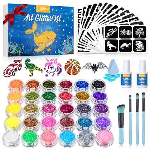 Temporary Glitter Tattoo Kids, Bledras 30 Colors Temporary Tattoo Set, 147 Stencils, 4 Brushes, 2 Glue, Glitter Tattoos for Kids or Adults, Gifts for Girls Boys, Carnival Birthday Festival Party