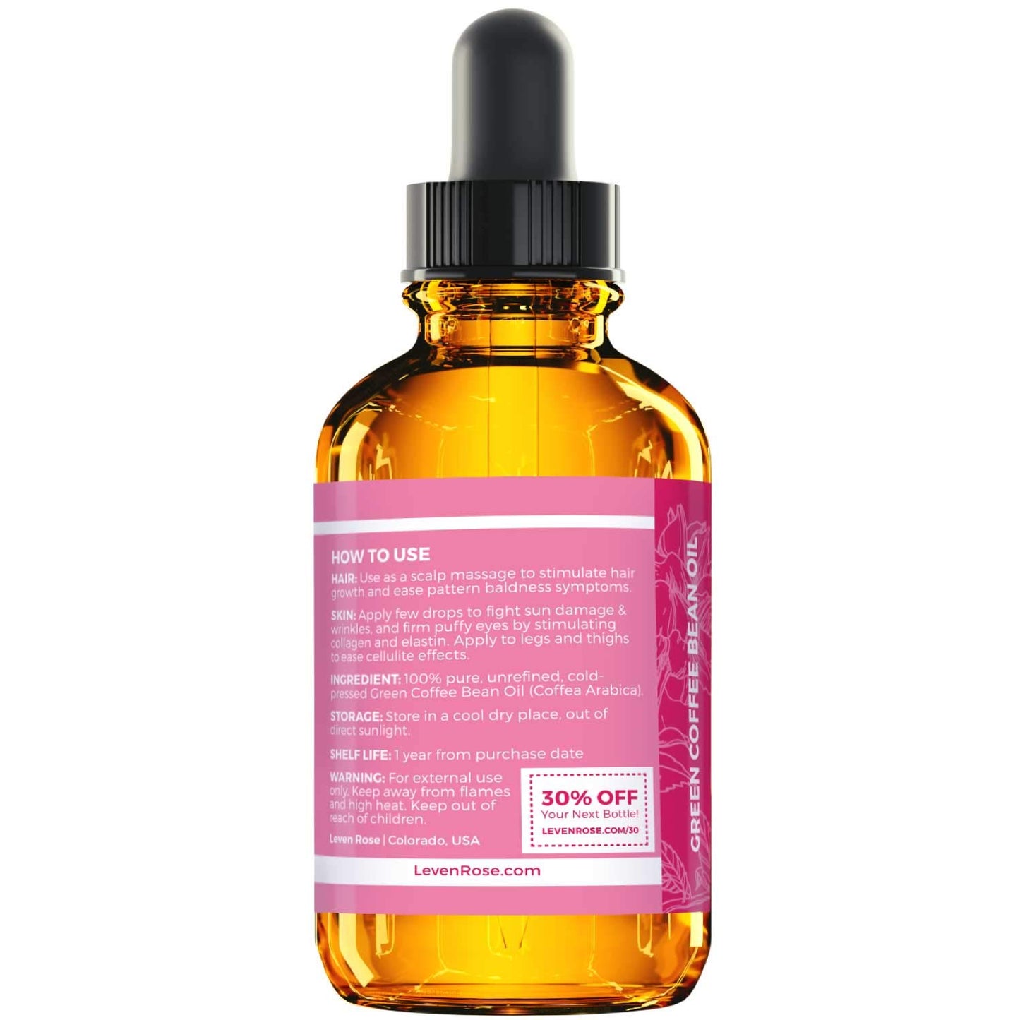 Leven Rose Green Coffee Bean Oil - 100% Natural Cold Pressed Oil for Eyes, Face, Nails & Hair | 1 oz Bottle