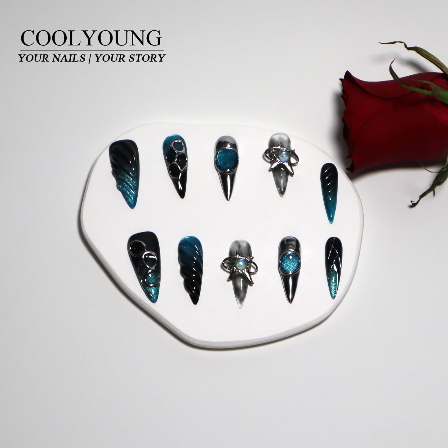 Handmade Press On Nails, Press On Nails Blue, Nailphoria Press Ons, Real Acrylic Press On Nails, Press On Nails 3D, Artificial Nails, Women Gift, COOLYOUNG Nails, 10 PCS, Size M