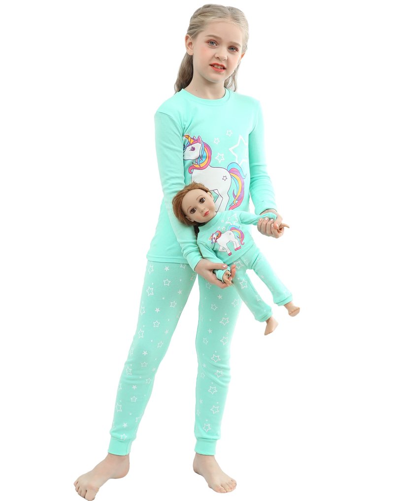 Babyroom Girls Matching Doll&Toddler 4 Piece Cotton Pajamas Kids Clothes Sleepwear Size 4 Blue