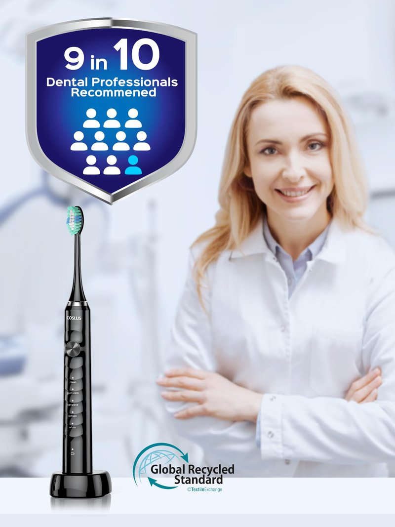 COSLUS C40 Sonic Electric Toothbrush for Adults: 47000 VPM for Deep Cleaning & Whitening with Travel Case - 5 Modes for Sensitive Teeth & Braces, Wireless Charging, 6 Brush Heads, Black & Pink (2PCS)