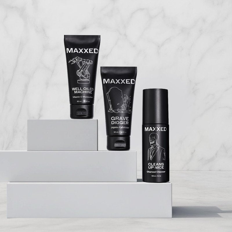 MAXXED Acne Essentials Skincare Kit - Charcoal Face Wash, Vitamin C Moisturizer and Jojoba Face Scrub for Oily Skin, Breakouts, Razor Bumps, Dullness - Daily Skin Care Routine Set of 3