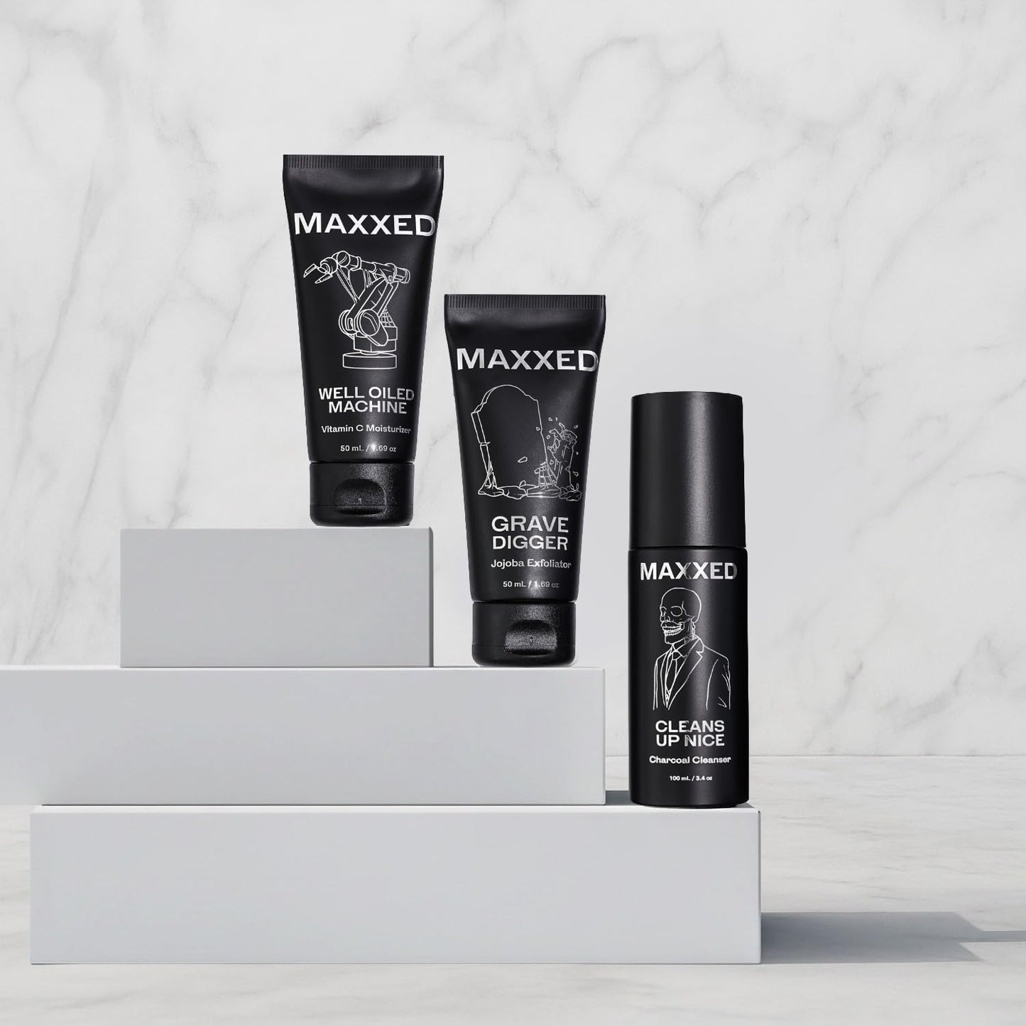 MAXXED Acne Essentials Skincare Kit - Charcoal Face Wash, Vitamin C Moisturizer and Jojoba Face Scrub for Oily Skin, Breakouts, Razor Bumps, Dullness - Daily Skin Care Routine Set of 3