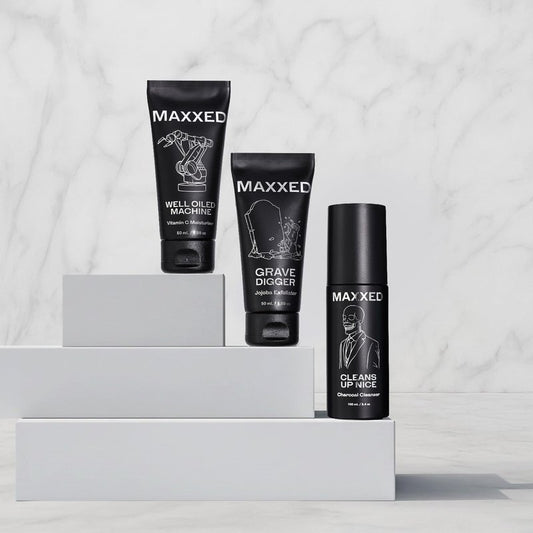 MAXXED Acne Essentials Skincare Kit - Charcoal Face Wash, Vitamin C Moisturizer and Jojoba Face Scrub for Oily Skin, Breakouts, Razor Bumps, Dullness - Daily Skin Care Routine Set of 3