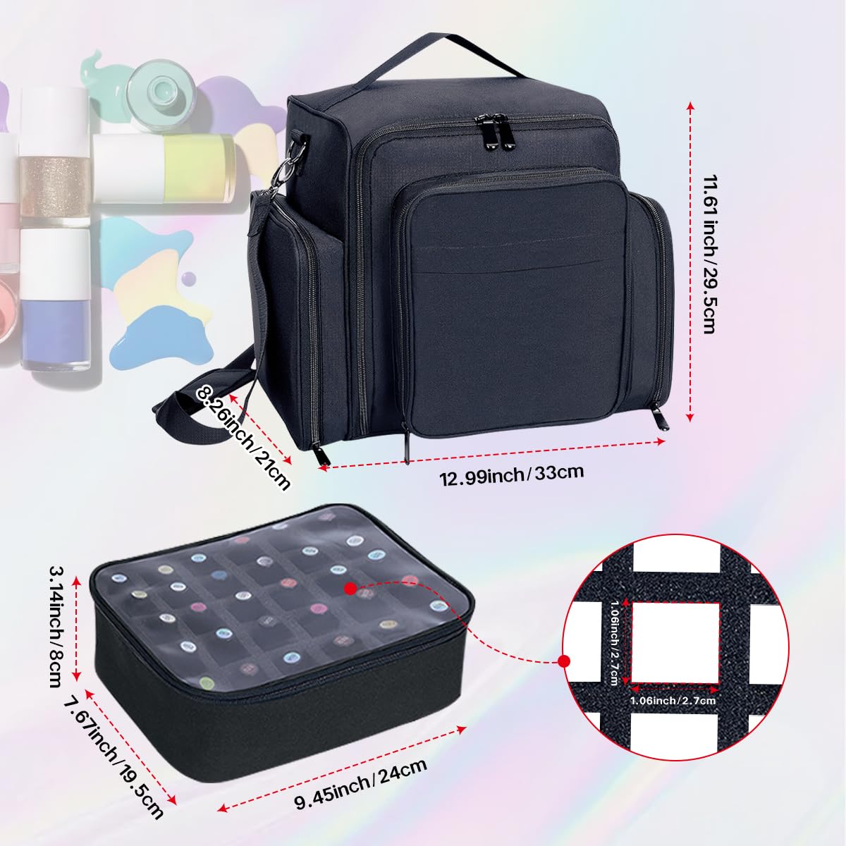 YAHOURWAT Nail Polish Organizer Holds 60 Bottles and a Nail Lamp,Portable Travel Case with 2 Removable Bags and Tools Storage Pockets Black
