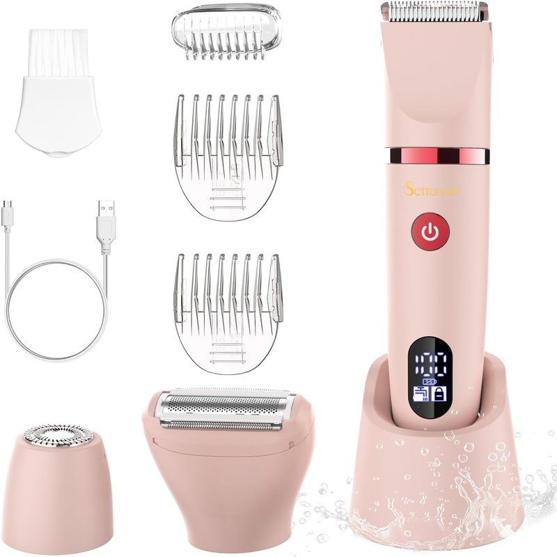 Scttomon 3-in-1 Electric Razor IPX7 Waterproof Bikini Trimmer Wet & Dry Use Painless Personal Trimmer Groomer for Ladies Face Body Legs Bikini Public Hairs Electric Lady Shaver with Replaceable Heads