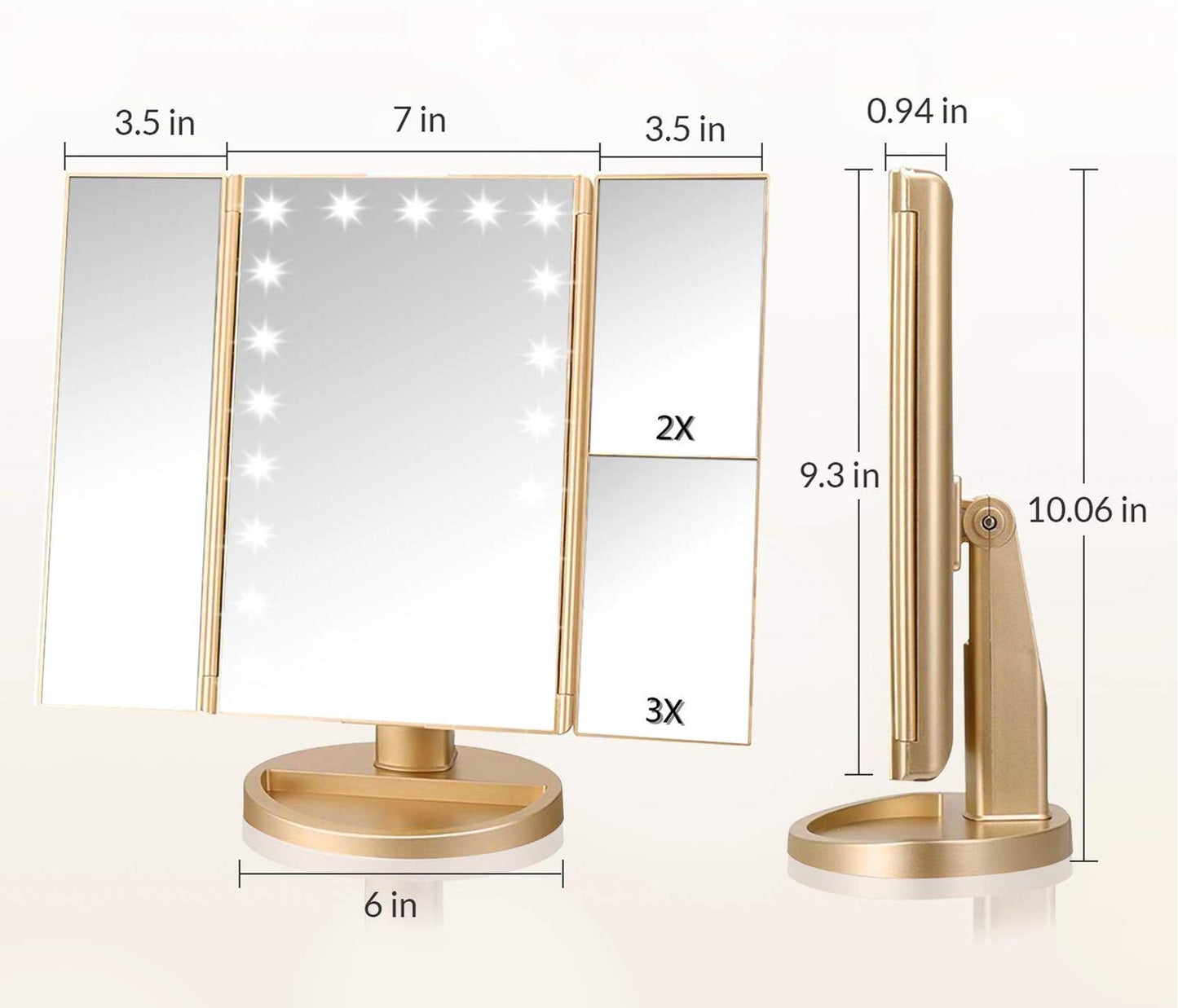 Infitrans Trifold Makeup Mirror Vanity Mirror with Lights,1X 2X 3X Magnification,Touch Control,Adjustable Rotation,Dual Power Supply,Portable Travel Cosmetic Mirror,Birthday Gifts for Women,Teengirls