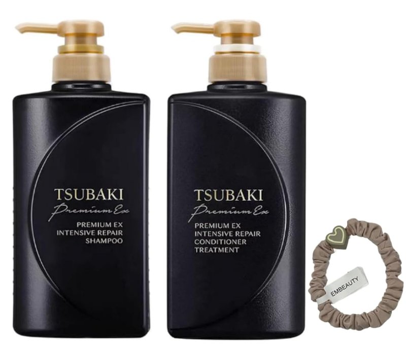 TJ SIGNATURE TSUBAKI Premium EX Intensive Repair Shampoo and Conditioner Bundle - Black Series Hair Care Set for Damaged Hair (400ml+400ml) bundle with a hair tie