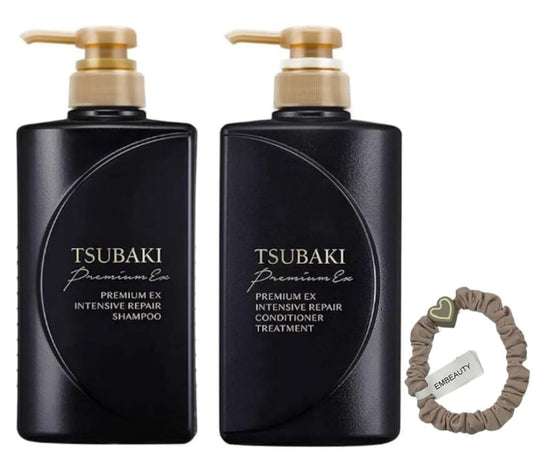 TJ SIGNATURE TSUBAKI Premium EX Intensive Repair Shampoo and Conditioner Bundle - Black Series Hair Care Set for Damaged Hair (400ml+400ml) bundle with a hair tie