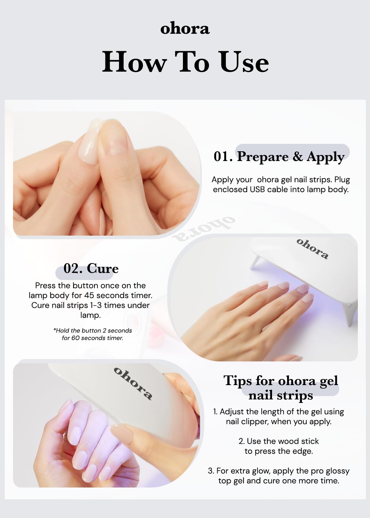 ohora Care LED Lamp for Semi Cured Gel Nail Strips - 6W Max, 2 Timers (45s / 60s), Portable Lamp for Curing Nail Art, for Gel Stickers and Strips Only