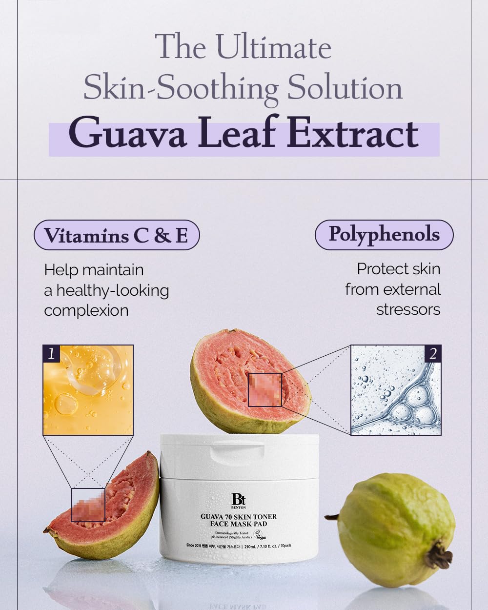 Benton Guava 70 Toner Pads - Hydrating Hyaluronic Acid Face Mask for All Skin Types | Soothing & Calming Relief