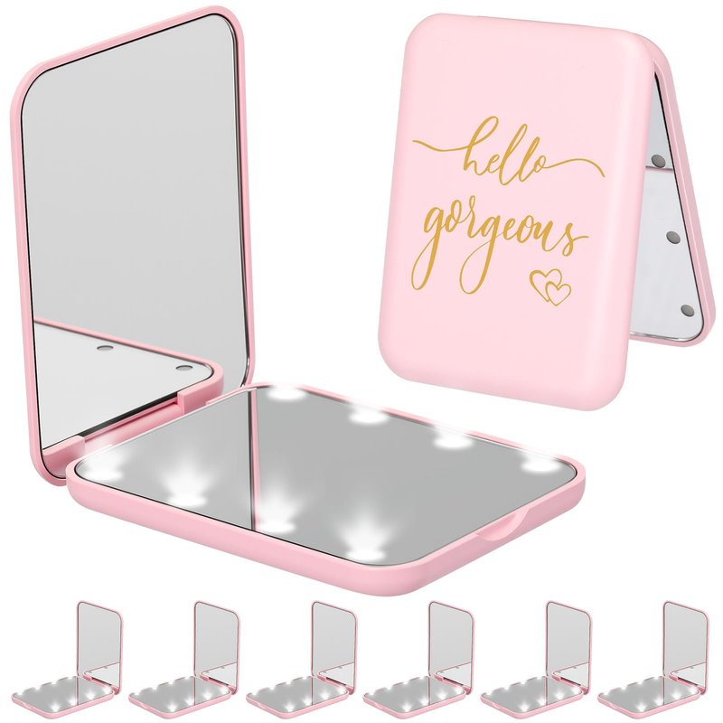 Grinsvalley 6 Pcs Hello Gorgeous Compact Mirror Pink 1x/2x Magnification Makeup Mirror Pocket with LED Light for Purse, Travel, Gorgeous Gift for Woman Mother Nurse Bridesmaid Sleepover Spa Party