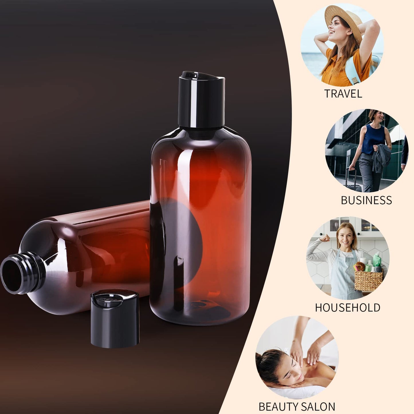 Zubebe 36 Pcs Plastic Travel Bottles with Disc Top Flip Cap Empty Refillable Squeeze Travel Containers for Shampoo Lotions Cream Toiletries Liquid Body Soap (Brown, 8 oz)