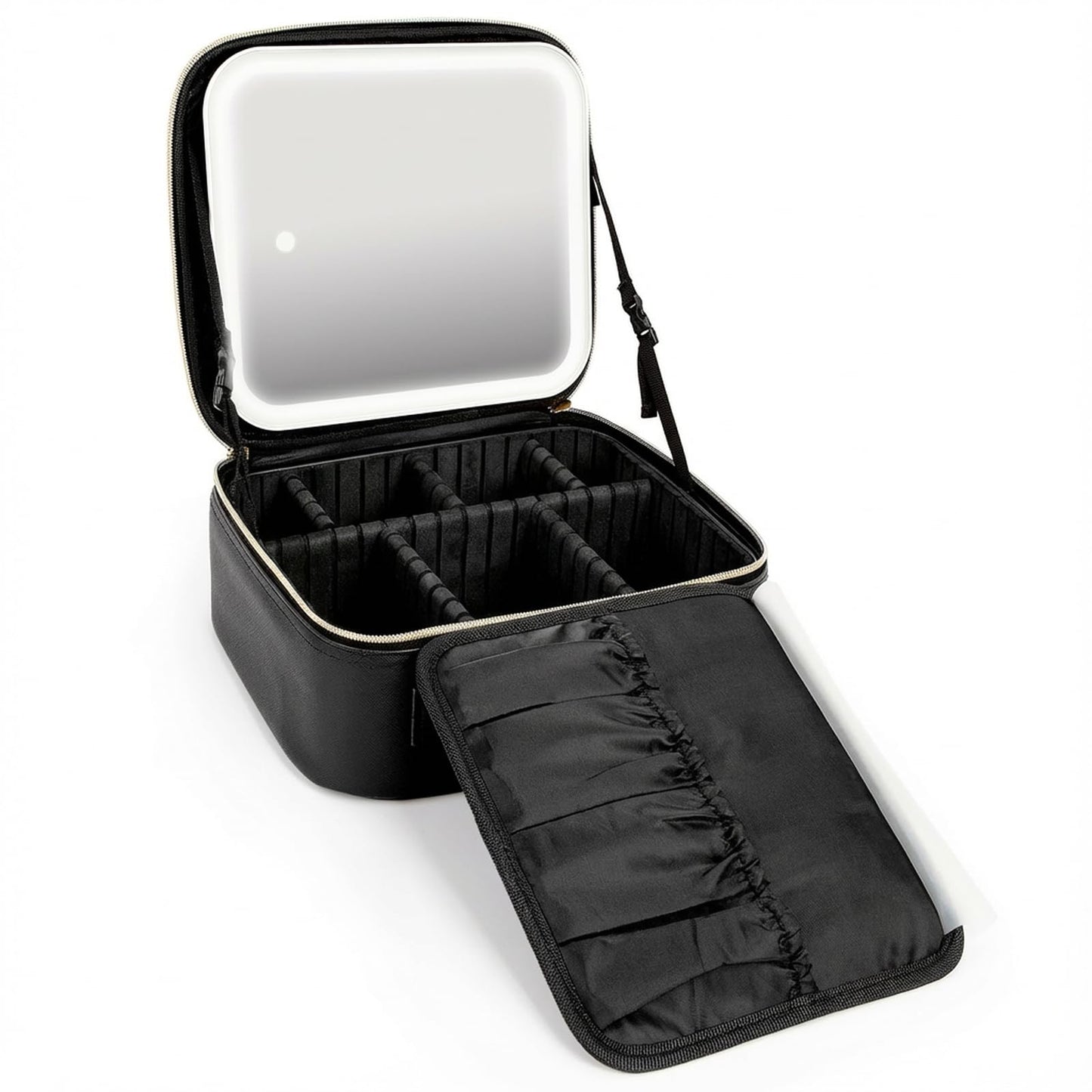 Elite Dance Gear Travel Makeup Bag with LED Mirror, Leather Cosmetic Train Cases with Adjustable Dividers, Makeup Organizer with Makeup Brush Storage Board for Women, Artist and More