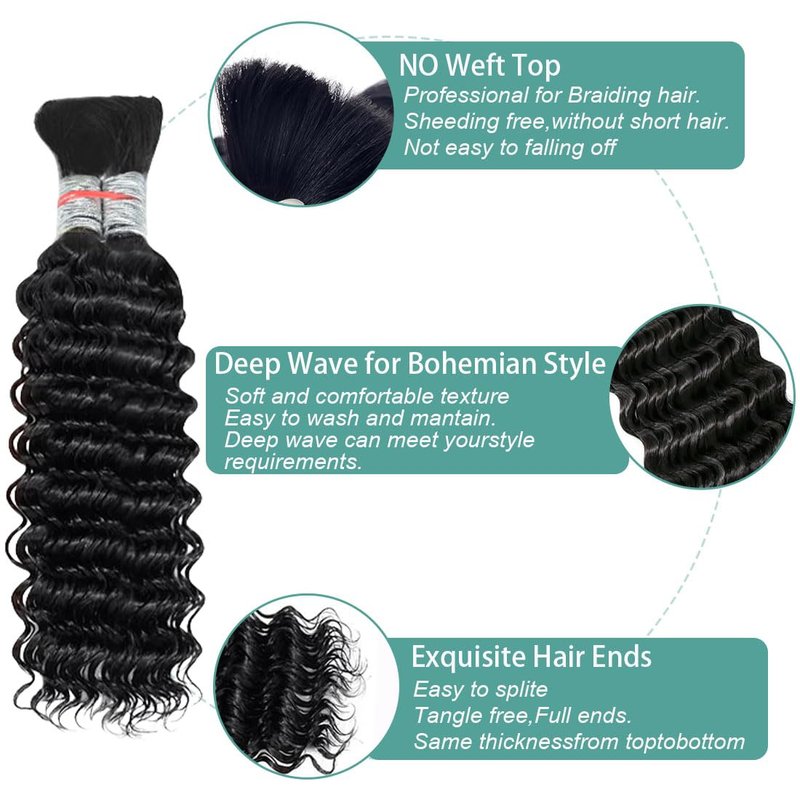 Human Braiding Hair for Boho Braids Human Hair Braiding No Weft Wet and Wavy Human Hair Braiding Hair Extensions For Boho Braids 2 Bundles 100g（20inch,Natural Black Deep Wave)