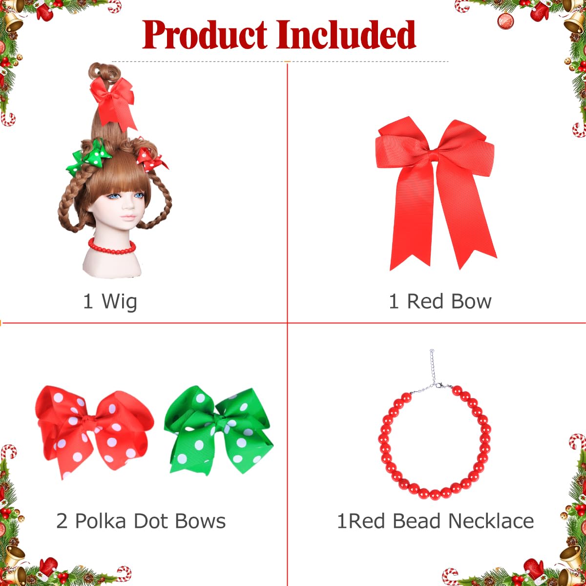 ColorGround Children's BLonde Braided Costume Wig with Red and Green Polka Dot Bows and Red Bead Necklace for Christmas Celebration Party(Blonde)