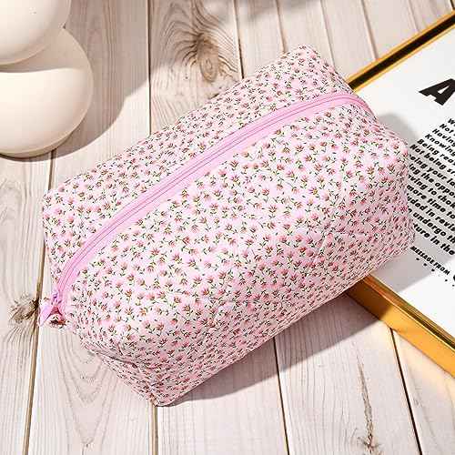SOIDRAM Quilted Makeup Bag Floral Cosmetic Bag Puffy Coquette Makeup pouch Aesthetic Cute Pink Travel Toiletry Bag Organizer cotton Makeup Brushes Storage Bag for Women