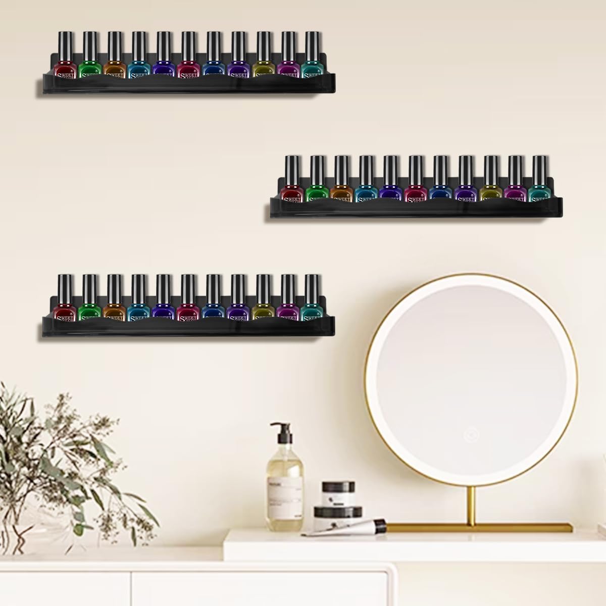 Acrylic Nail Polish Rack - 15" Wall-Mounted Organizer | Gel Polish Display Shelf, Black