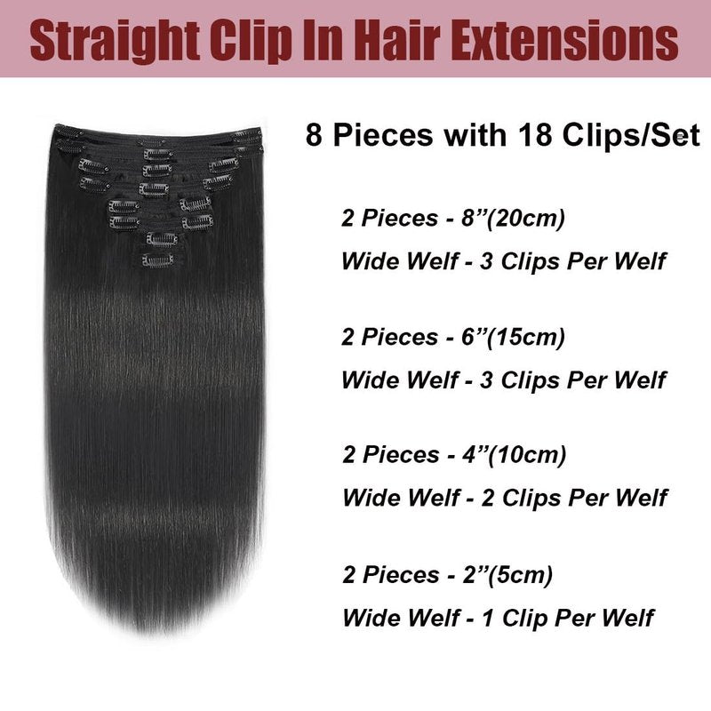 Straight Clip in Hair Extensions Human Hair Straight Clip ins Human Hair Extensions Natural Black Hair Extensions Real Human Hair Clip ins for Women 8Pcs with 18Clips, 120G, 18Inch