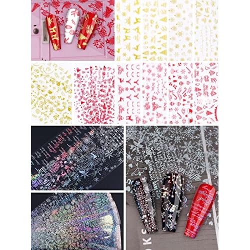 Kalolary 100 Sheets Christmas Nail Foil Transfer Stickers, Snowflakes Snowman Santa Claus Holographic Laser Nail Art Foils Decals for New Year Winter Nail Art Decoration