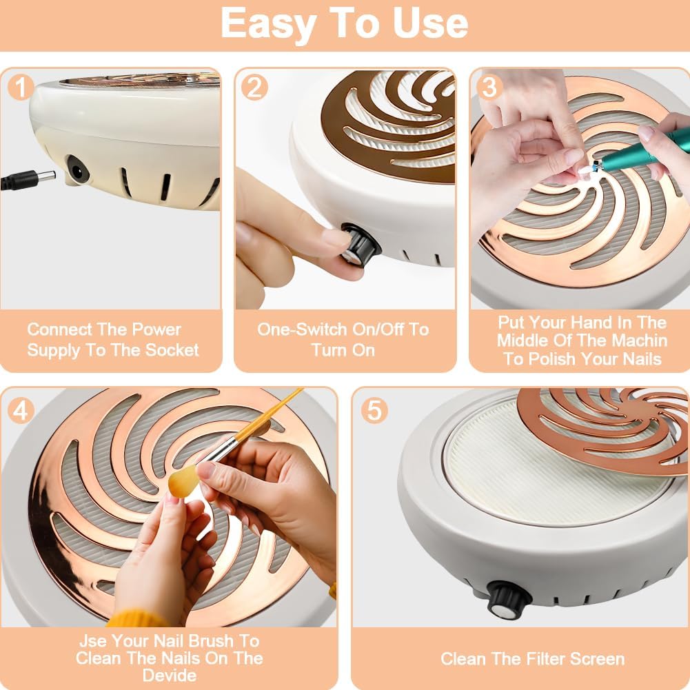 Nail Dust Collector - Compact Vacuum with Cleaner Brush & Reusable Filter | Ideal for Acrylic Nail Polishing, Home & Salon Use