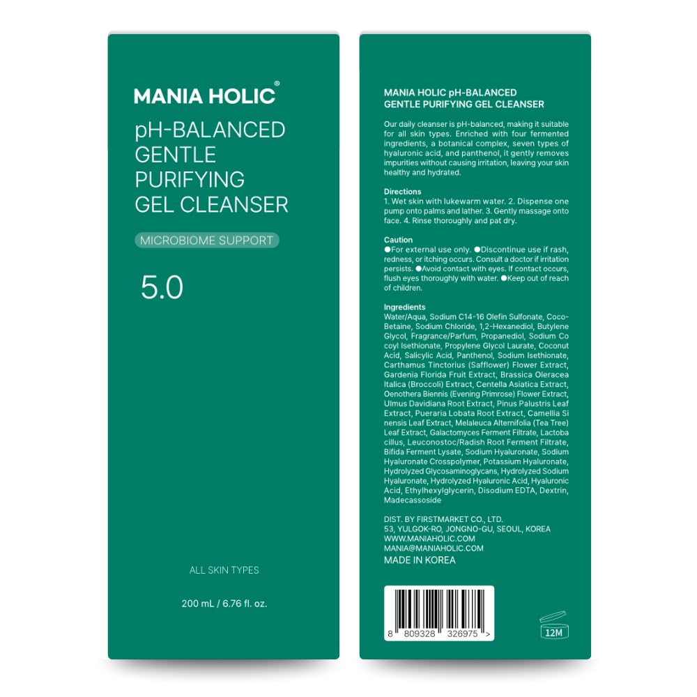 MANIA HOLIC pH Balanced Hydrating Facial Gel Cleanser for Dry and Sensitive Skin, pH Balance 5.0, Purifying Pore Care, Oil Control, Korean Skincare, 6.76 fl oz