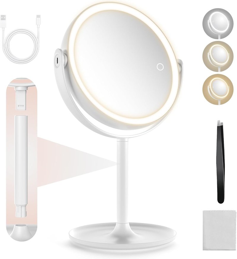 Magnifying Makeup Mirror with Light - 3 Color Settings, Rechargeable, Double-Sided | 8.6-Inch Large