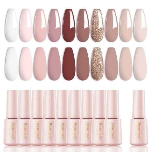 Larvall Beautpal Nude Gel Polish 10 Pcs All Seasons Skin Tones Gel Nail Polish Nude Pink Neutral UV Gel Polish Nail Set Salon DIY Manicure Gift Set