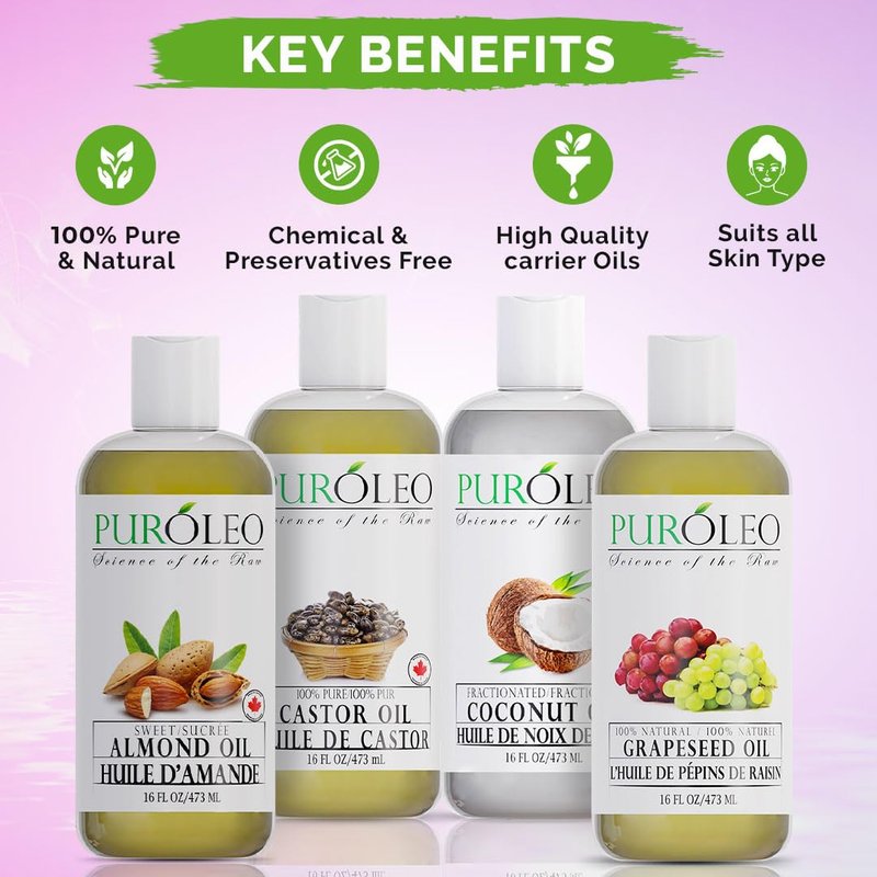 PURÓLEO Carrier Oil Gift Set- 4 Pack - Coconut Oil- Almond Oil - Castor Oil - Grapeseed Oil - 100% Natural Moisturizing Massage 4 Pc (4 Fl Oz)